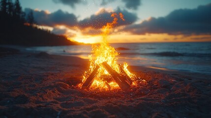 Fototapeta premium Glowing Bonfire on Beach at Sunset with Dancing Flames and Sparks