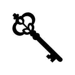 Ornate antique key graphic design, Old key vector house icon logo. Old key silhouette antique lock illustration.