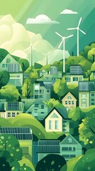 Green city with sustainable energy, a flat vector illustration on a green background.