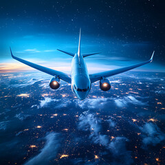 Fototapeta premium In the sky, an airplane is flying over the earth.
