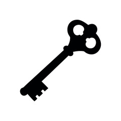 Ornate antique key graphic design, Old key vector house icon logo. Old key silhouette antique lock illustration.