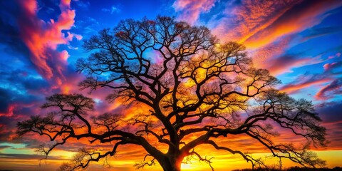 Worm's Eye View Silhouette Tree - Dark Branches Against Sunset Sky, Nature Photography
