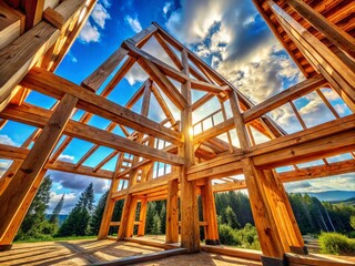 Obraz premium Worm's Eye View Wooden House Frame: Construction, Beams, Joints, Rustic, Detailed, Architecture, Design, Home Building