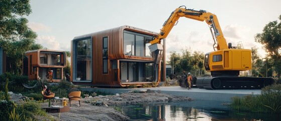 Heavy machinery is seen actively demolishing a contemporary building in a serene landscape. Construction workers supervise the process while a peaceful pond reflects the surrounding greenery.