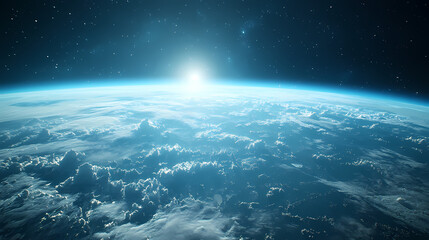 In the sky, an airplane is flying over the earth.