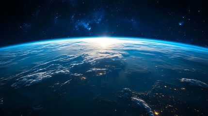 Obraz premium In the sky, an airplane is flying over the earth.