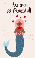 Vector illustration of mermaids of different races. Self-love concept, February 14