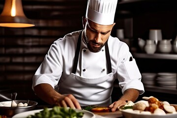 25 chef in whites focused expression while cooking