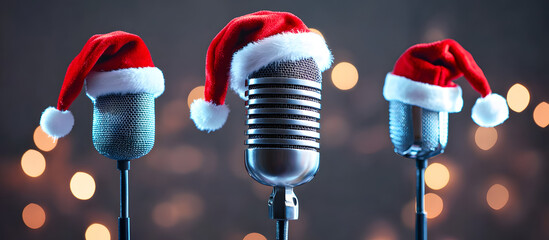 Various views of retro microphone with Christmas hat isolated grey