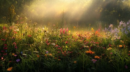 Early Morning Glistening Wildflowers in a Serene Meadow Scene