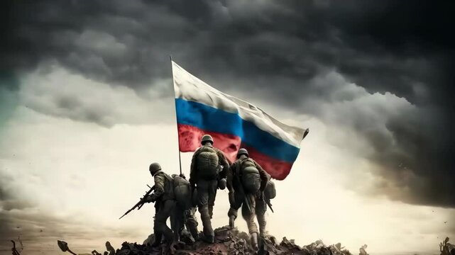 Russian soldiers at the top of a hill during war holding their flag