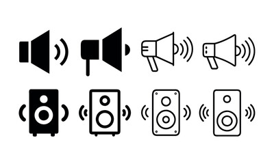 Collection of Audio and Sound Icons, Speaker icon set. Sound icon, Megaphone, speaker box, logo, silhouette, vector  illustration.