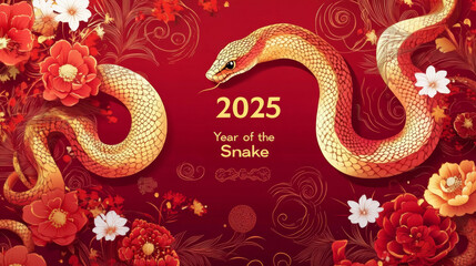 Obraz premium vibrant celebration of Year of Snake featuring sleek golden snake coiling gracefully among red and gold floral patterns, with 2025 and Year of Snake in elegant typography