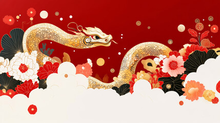 Golden dragon illustration with flowers and clouds on red background, symbolizing prosperity and good fortune. Perfect for celebrating Chinese New Year