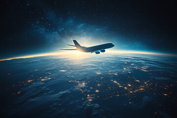 Fototapeta premium In the sky, an airplane is flying over the earth.