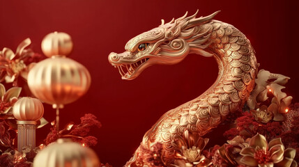 Obraz premium majestic golden dragon sculpture surrounded by festive decorations, symbolizing prosperity and good fortune during Chinese New Year celebrations