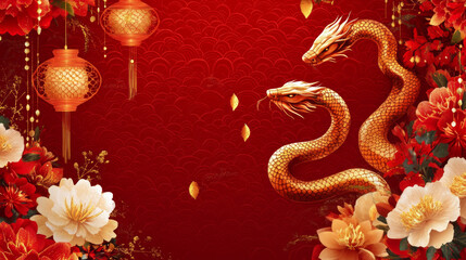 Obraz premium Golden dragons entwined among vibrant flowers and lanterns on red background, symbolizing prosperity and good fortune during Chinese New Year celebration
