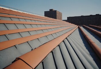Aerial view of colorful rooftops with orange and blue metal roofing, creating a vibrant scene