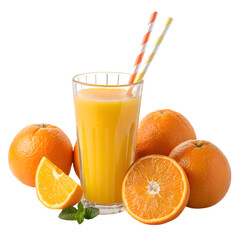 orange juice in a glass with straws and oranges