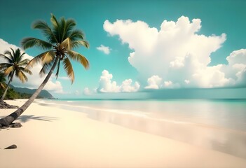 Obraz premium A tropical beach with a palm tree, clear blue sky, and fluffy white clouds A rocky coastline with a coconut tree, overcast gray sky, and dark storm clouds