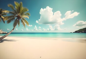 Obraz premium A tropical beach with a palm tree, clear blue sky, and fluffy white clouds A rocky coastline with a coconut tree, overcast gray sky, and dark storm clouds
