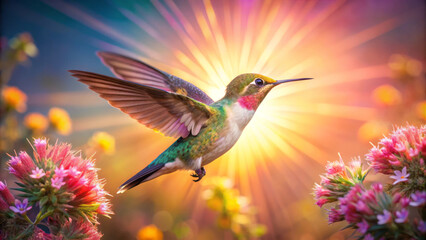 Fototapeta premium hummingbird poised in flight amidst vibrant blooming flowers, radiating beauty and grace. colorful scene captures essence of nature wonders