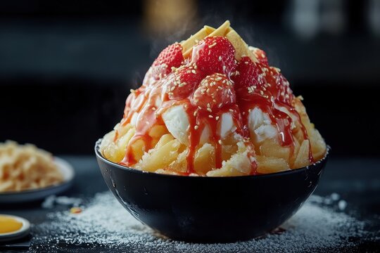 Korean Binsu is a dessert featuring shaved ice strawberries ice cream condensed milk and cheese