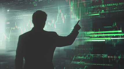 Silhouette Analyzing Stock Market Charts on Large Screen.