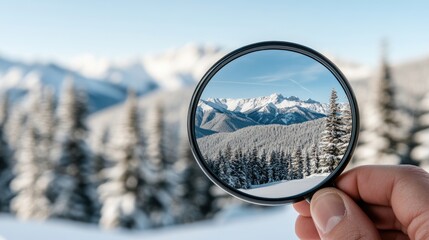 A hand supports a round lens reflecting the stunning landscape of rocky mountains and lush greenery