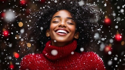 Beautiful black woman smiling with closed eyes under falling snowflakes during christmas time