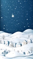 Paper cutout art, depicting a beautiful winter scene with simple shapes and lines. A snowy town nestled in the forest under a moonlit sky, with a flat, minimalist design