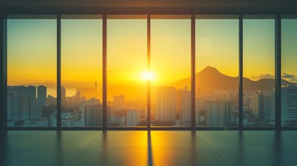Fototapeta premium Unfurnished luxurious corporate office with a great view and modern design bathed in warm evening sunlight streaming through expansive windows radiating success in a golden-hour ambiance
