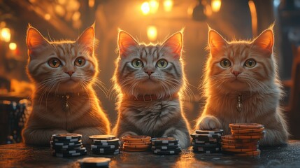 Three adorable cats sitting at a table with poker chips, illuminated by warm lighting.