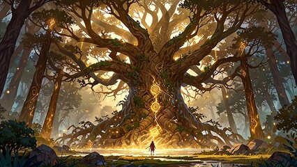 A mystical tree radiates light in a forest, with a figure standing before it.