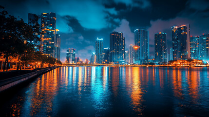 Fototapeta premium stunning city skyline with illuminated skyscrapers reflecting on calm water under dramatic night sky