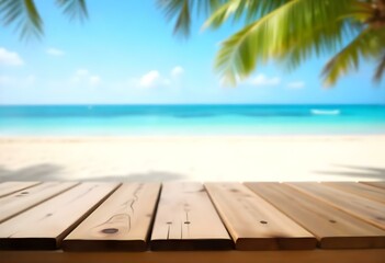 Fototapeta premium Wooden table overlooking a tropical beach with palm trees and a clear blue sky