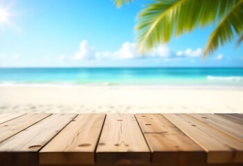 Fototapeta premium Wooden table overlooking a tropical beach with palm trees and a clear blue sky