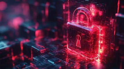 Digital Padlock Icon Surrounded by Glowing Holographic Cyber Shields Symbolizing High Tech Protection