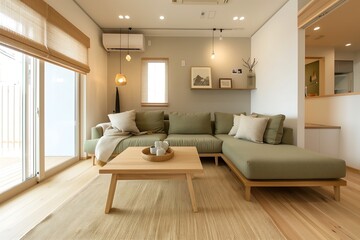 Scandinavian-inspired living room interior design with a sage green L-shaped sofa, natural jute rug, and a wooden coffee table accented by minimalist wall art.