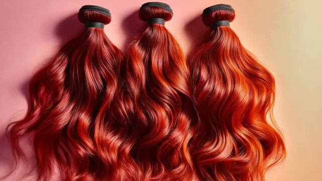 Three long red hair extensions are shown in a row
