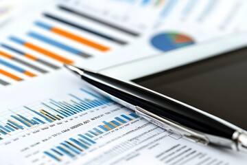 Financial reports and market analysis on tablet with rising stock prices 