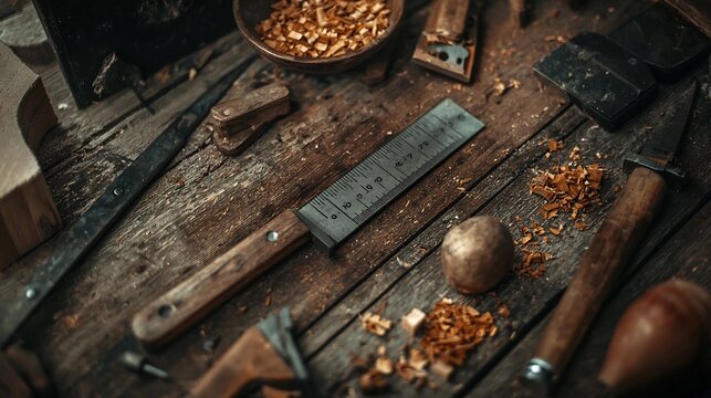 Overhead view of a carpenter s square with precise markings and measurements laid out on a wooden workbench or surface