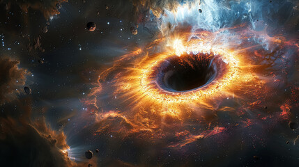 Black hole is in the center of a galaxy with a bright orange cloud surrounding it. The bright...