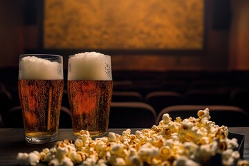 Enjoying drinks and snacks in a cozy movie theater environment with popcorn and beer