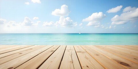 Fototapeta premium A wooden dock overlooking a calm turquoise ocean with a blue sky and fluffy white clouds