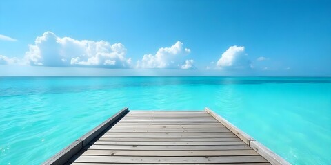A wooden dock overlooking a calm turquoise ocean with a blue sky and fluffy white clouds