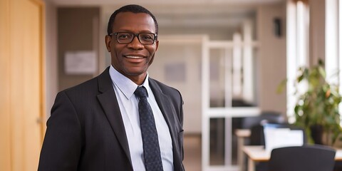 Portrait of a statistician standing proudly in a research office