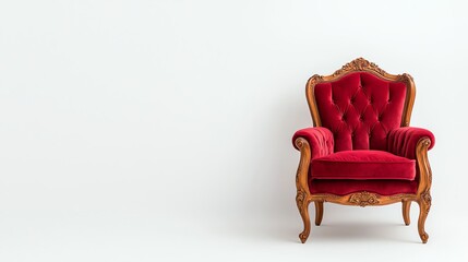 A luxurious red velvet armchair with ornate wooden detailing set against a minimalist white backdrop.