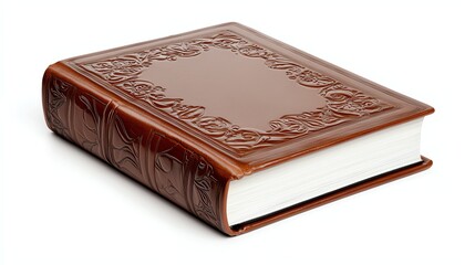 Obraz premium A beautifully embossed brown leather book with a textured cover and blank pages, symbolizing knowledge and creativity.