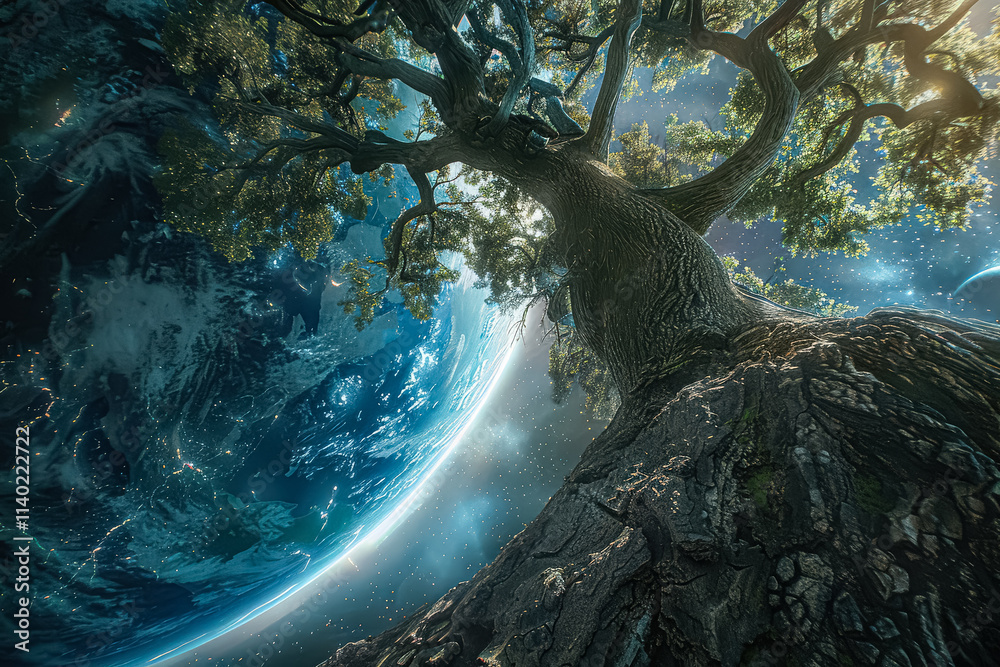 Wall mural tree with a large trunk and branches is surrounded by a blue sky. the sky is filled with stars and t